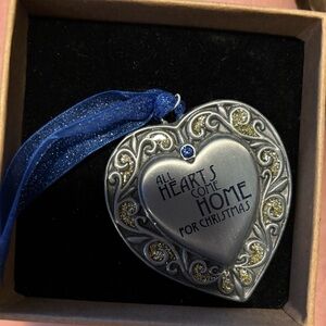 Silver Heart Christmas Ornament with Blue Ribbon